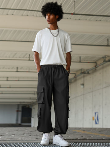 ZAFUL Men's Baggy Cargo Pants - Elastic Waist Drawstring Parachute Trousers with Pockets - Casual Street Hip Hop Style