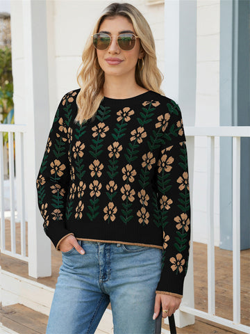 ZAFUL Women's Round Neck Long Sleeve Colorblock Printed Sweater