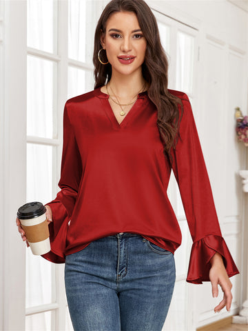 ZAFUL Women's Satin Silk Blouse Casual Dressy Tops Ruffle Long Sleeve Elegant Business Work Tunic Shirts