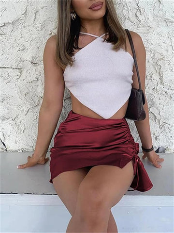 ZAFUL Women Satin Mini Skirts Sexy High Waisted Ruched Silk Bodycon Split Zipper Short Skirt-AMZ