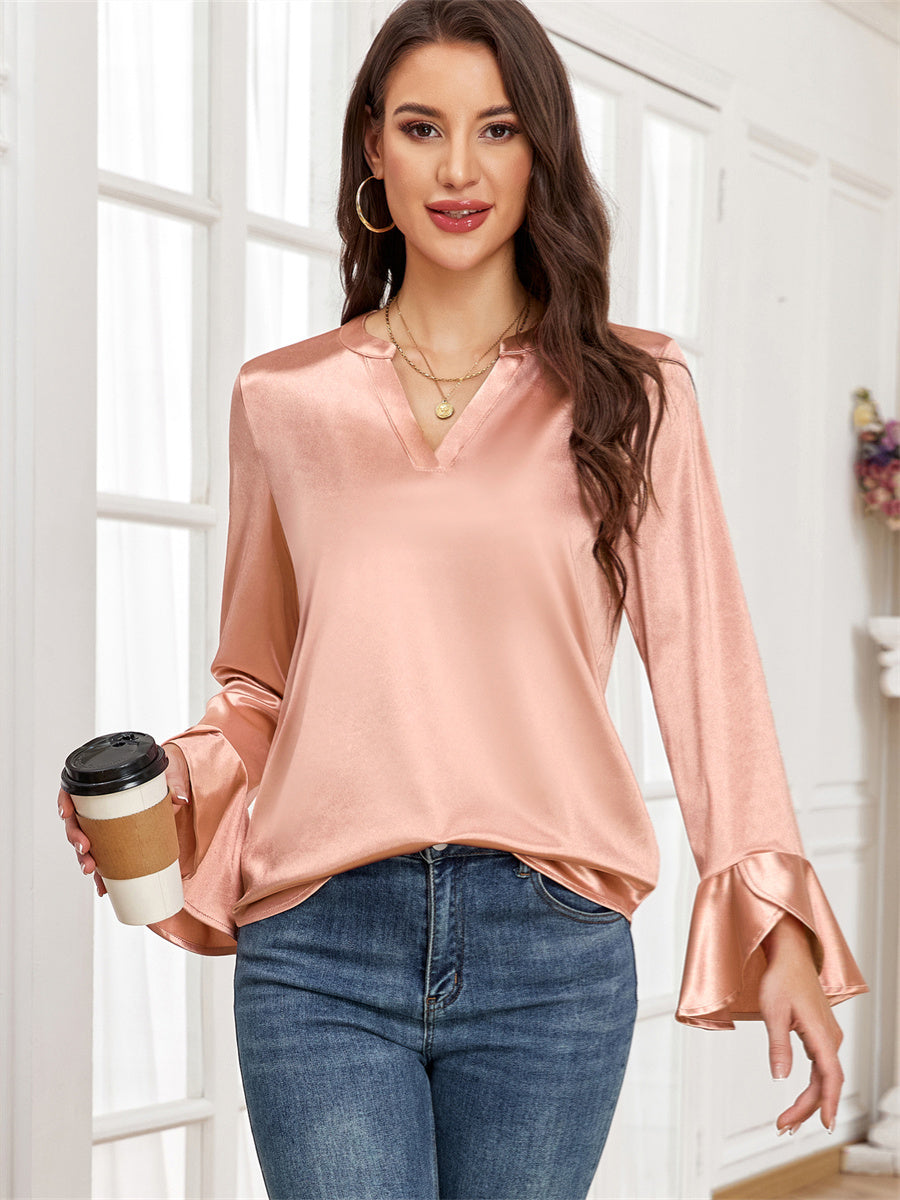 ZAFUL Women's Satin Silk Blouse Casual Dressy Tops Ruffle Long Sleeve Elegant Business Work Tunic Shirts