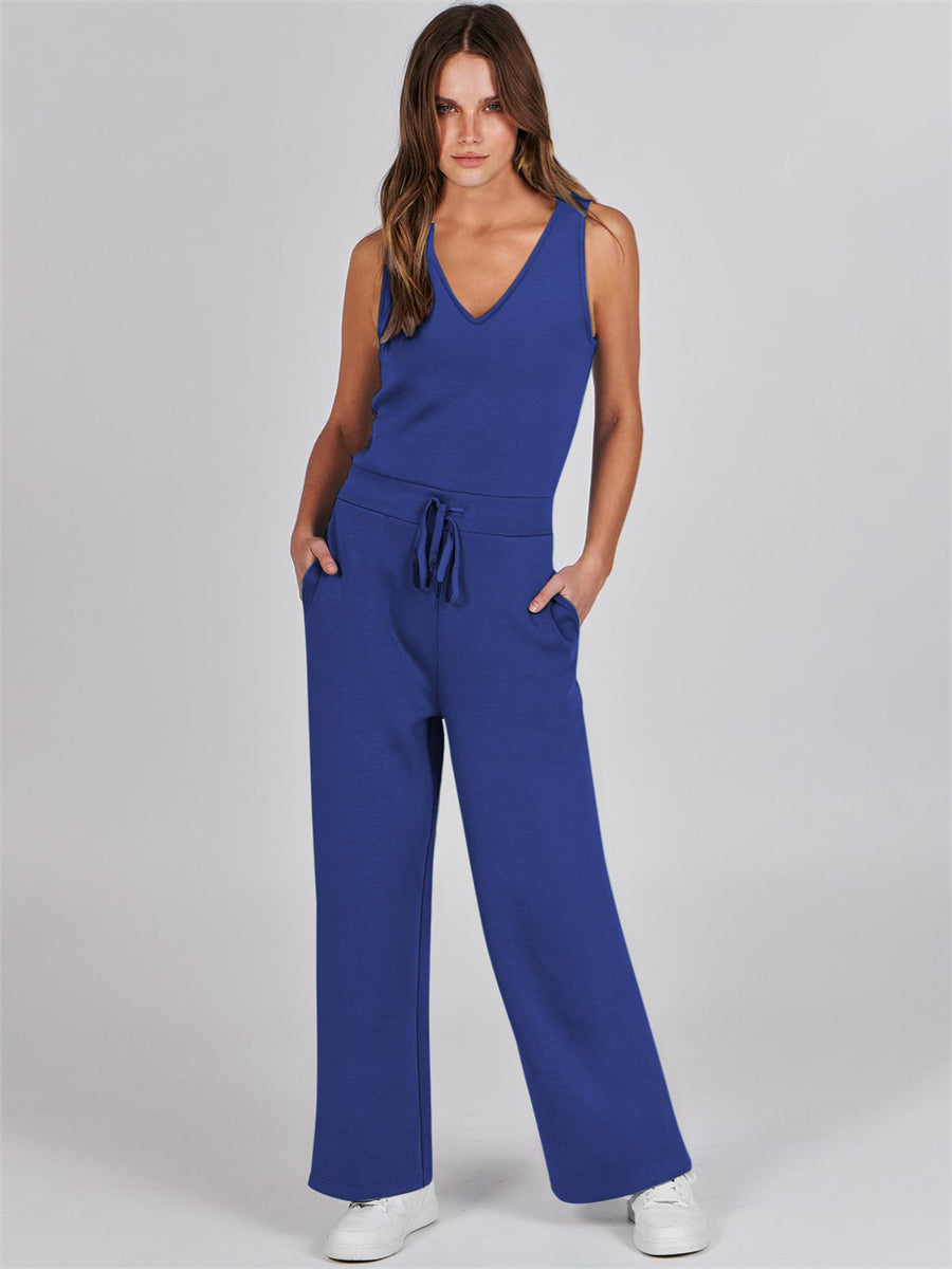 Women's Solid Color V-Neck Sleeveless Casual Style Jumpsuit Wide Leg  Fashion Travel Clothes-AMZ