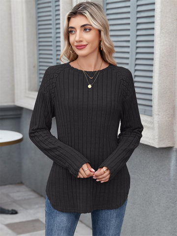 ZAFUL Women's Tops Round Neck Sleeve Curved Hem Strip Long Sleeved T Shirt Casual Sweater