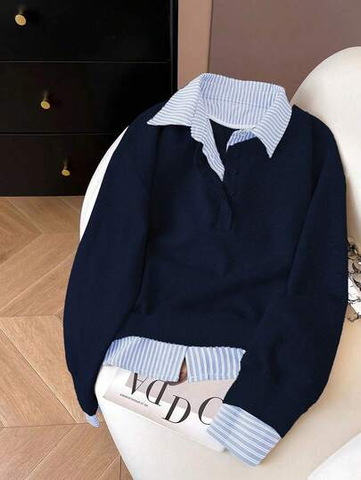 Preppy Style Fake Two-Piece Striped Patchwork Sweatshirt