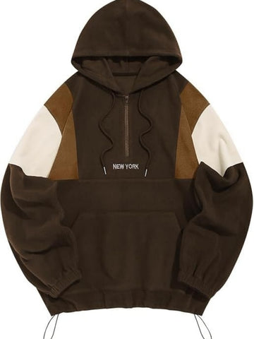 ZAFUL Men's Fluffy Polar Fleece Sweatshirt NEW YORK Embroidery Colorblock Half Zip Unisex Hoodie