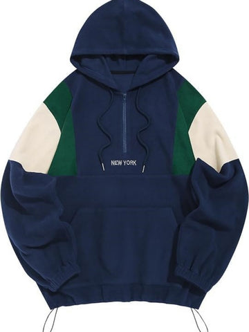 ZAFUL Men's Fluffy Polar Fleece Sweatshirt NEW YORK Embroidery Colorblock Half Zip Unisex Hoodie