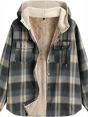 ZAFUL Men's Casual Plaid Fleece Jacket Unisex Men Drawstring Hooded Coat Fuzzy Hoodie