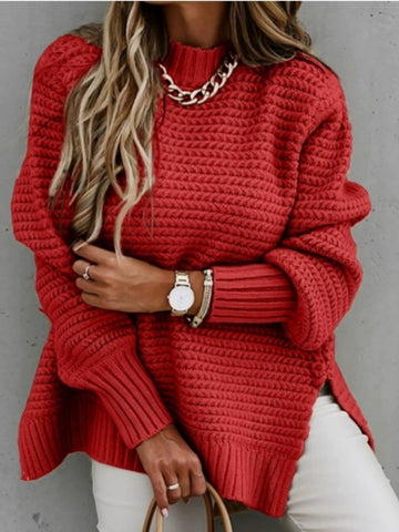 Solid Color Long Sleeve Split Hem Sweater