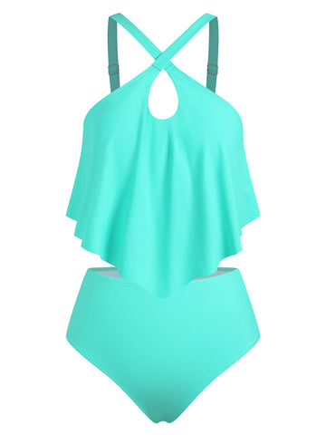 ZAFUL Women's Two Piece Swimsuit Bathing Suit Ruffled Front Keyhole High Waisted Swimwear