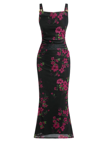 ZAFUL Sleeveless Cocktail Floral Mesh Ruched Bodycon Maxi Party Long Dress