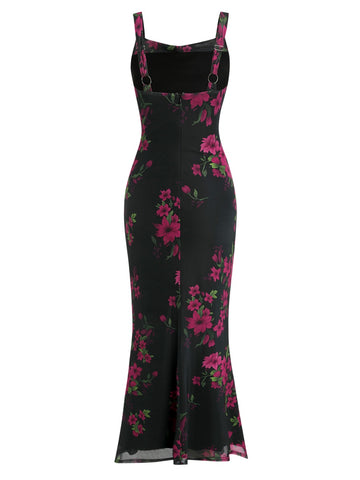 ZAFUL Sleeveless Cocktail Floral Mesh Ruched Bodycon Maxi Party Long Dress