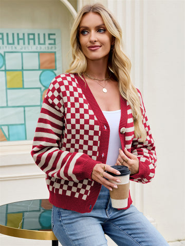 ZAFUL Women's Checkered Striped Cropped Cardigan Sweater Button Front Open Knitted Outerwear