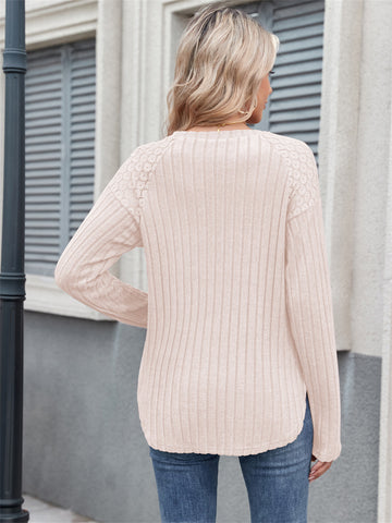 ZAFUL Women's Tops Round Neck Sleeve Curved Hem Strip Long Sleeved T Shirt Casual Sweater