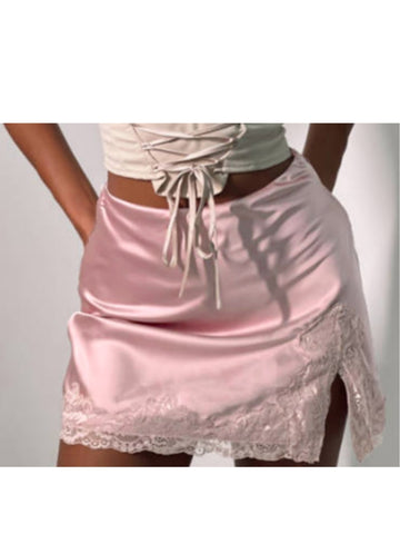 Womens Mini Skirt Slit Lace Detail Sexy A-line Skirt Casual Streetwear Trendy Skirt