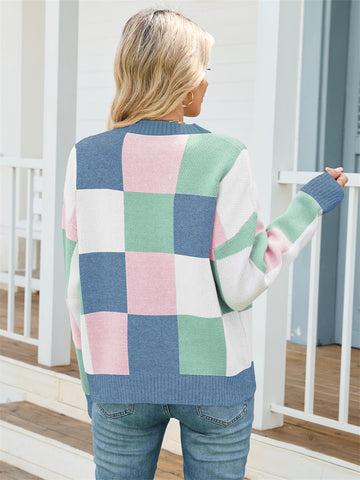 ZAFUL Women's Round Neck Long Sleeve Colorblock Printed Sweater