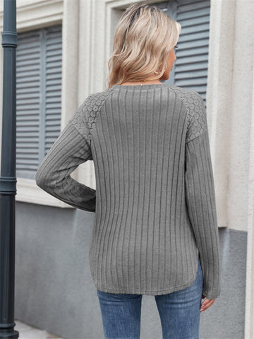 ZAFUL Women's Tops Round Neck Sleeve Curved Hem Strip Long Sleeved T Shirt Casual Sweater