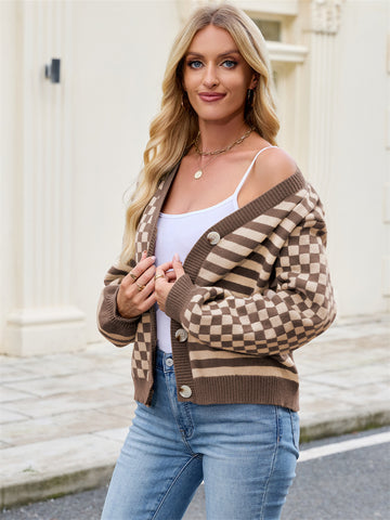 ZAFUL Women's Checkered Striped Cropped Cardigan Sweater Button Front Open Knitted Outerwear