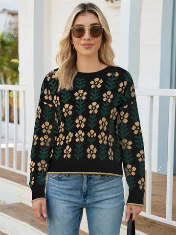 ZAFUL Women's Round Neck Long Sleeve Colorblock Printed Sweater