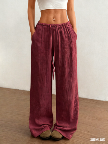 Drawstring Elastic Low Waist Linen Palazzo Pants for Women with Pockets Casual Loose Straight Leg Pant