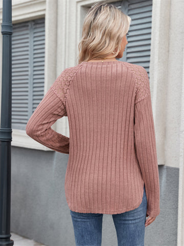 ZAFUL Women's Tops Round Neck Sleeve Curved Hem Strip Long Sleeved T Shirt Casual Sweater