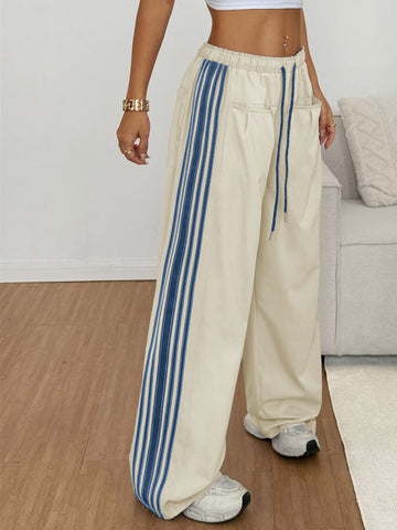 ZAFUL Women's Colorblock Straight Casual Pants Drawstring Slouchy Palazzo Pant Side Striped Lounge Trouser with Pockets-AMZ