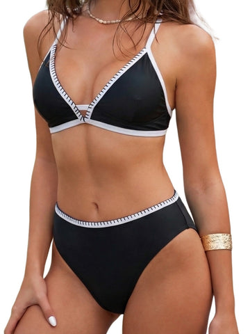 ZAFUL Women's Gingham Texture Bikini Sets V Neck Back Hook High Waisted Swimsuit