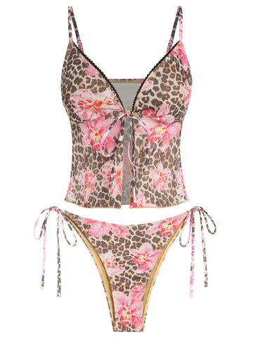 Lace Trim Tie Front High Cut Tanga Tankini -AMZ