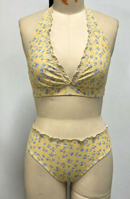 Ruffle Trim Halter Neck Bikini Set