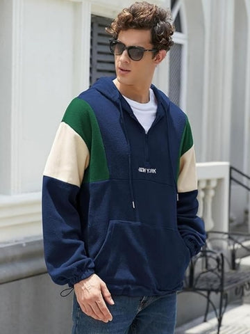ZAFUL Men's Fluffy Polar Fleece Sweatshirt NEW YORK Embroidery Colorblock Half Zip Unisex Hoodie