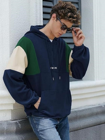 ZAFUL Men's Fluffy Polar Fleece Sweatshirt NEW YORK Embroidery Colorblock Half Zip Unisex Hoodie