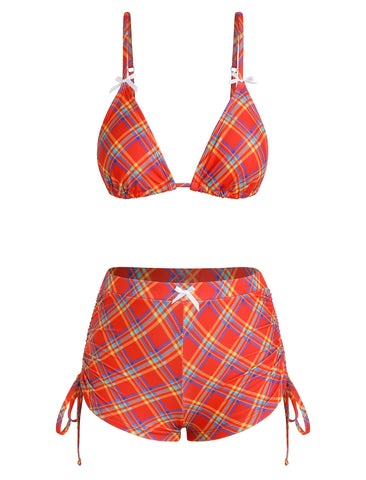ZAFUL Women's Triangle Bikini Tie Back Plaid Shorts Swimsuit Bow Padded Two Piece Bathing Suit