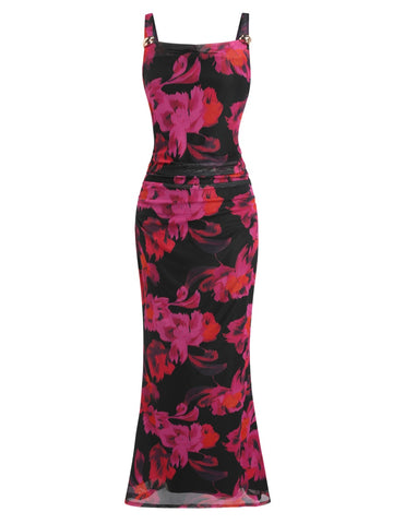 ZAFUL Sleeveless Cocktail Floral Mesh Ruched Bodycon Maxi Party Long Dress