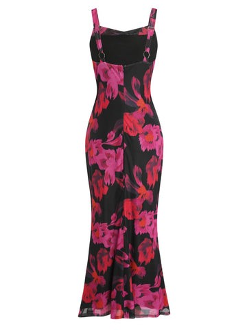 ZAFUL Sleeveless Cocktail Floral Mesh Ruched Bodycon Maxi Party Long Dress