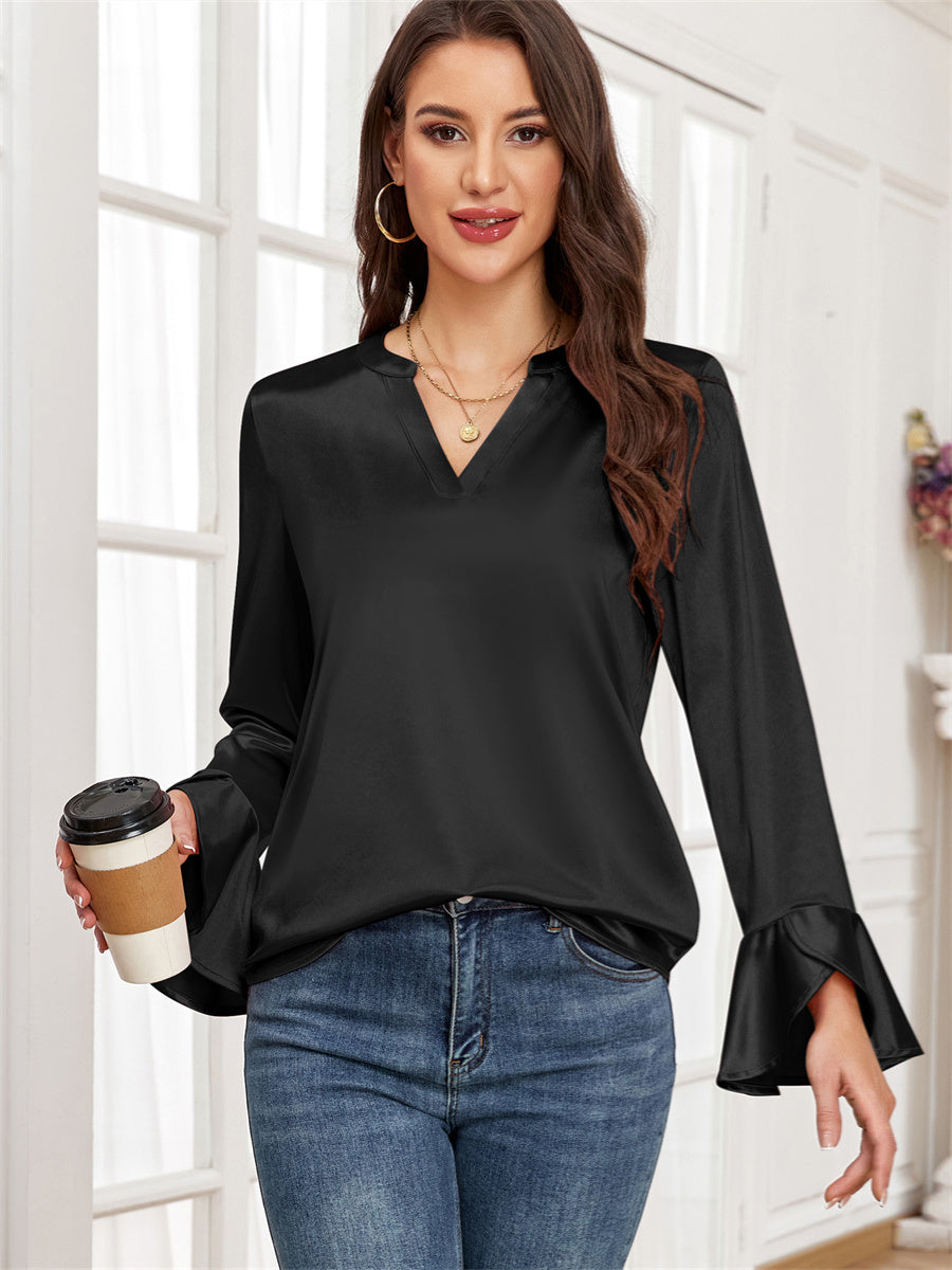 ZAFUL Women's Satin Silk Blouse Casual Dressy Tops Ruffle Long Sleeve Elegant Business Work Tunic Shirts