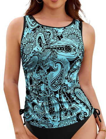 ZAFUL Tankini Tops for Women Only - Modest Swim Tank Top Scoop Neck Side Drawstring Tummy Control Swimsuit Top No Bottom