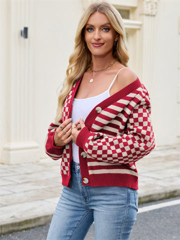 ZAFUL Women's Checkered Striped Cropped Cardigan Sweater Button Front Open Knitted Outerwear