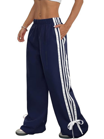 ZAFUL Womens Side Striped Pant Baggy Wide Leg Sweatpants Elastic Waisted Contrast Stripes Loose Fit Trousers