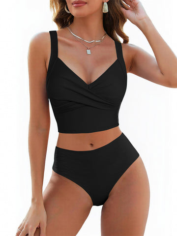 ZAFUL Womens Tankini Swimsuits V Neck Twist Front Two Piece Bathing Suits Tummy Control High Waisted Swimwear