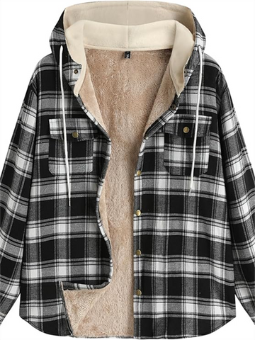 ZAFUL Men's Casual Plaid Fleece Jacket Unisex Men Drawstring Hooded Coat Fuzzy Hoodie