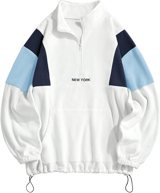 ZAFUL Men's Fluffy Polar Fleece Sweatshirt NEW YORK Embroidery Colorblock Half Zip Unisex Hoodie-AMAZON