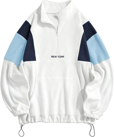 ZAFUL Men's Fluffy Polar Fleece Sweatshirt NEW YORK Embroidery Colorblock Half Zip Unisex Hoodie-AMAZON
