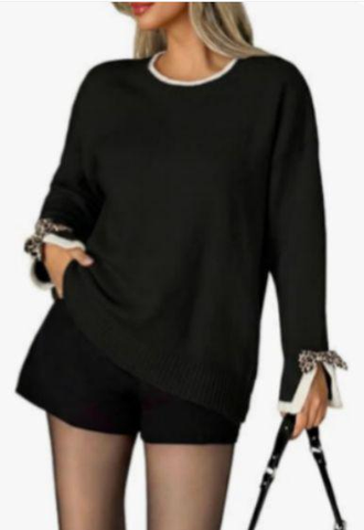 Contrast Color Crew Neck Slit Cuff Pullover