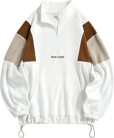 ZAFUL Men's Fluffy Polar Fleece Sweatshirt NEW YORK Embroidery Colorblock Half Zip Unisex Hoodie-AMAZON
