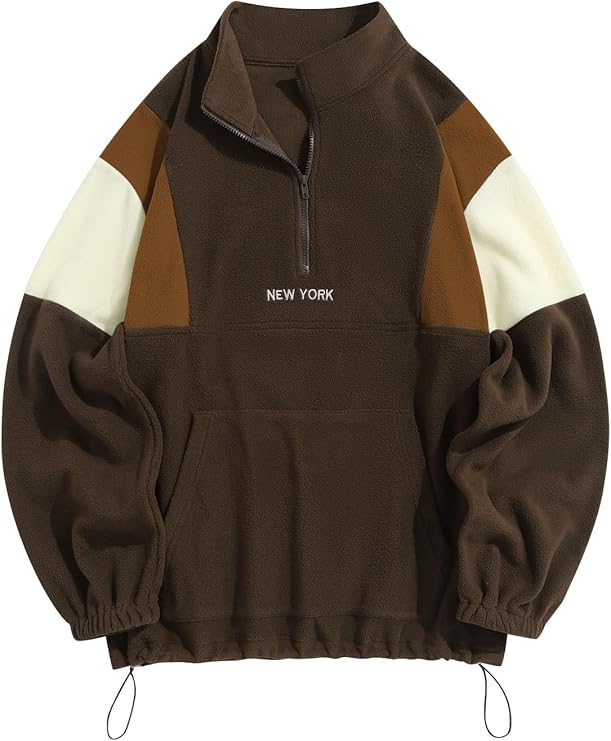 ZAFUL Men's Fluffy Polar Fleece Sweatshirt NEW YORK Embroidery Colorblock Half Zip Unisex Hoodie-AMZ