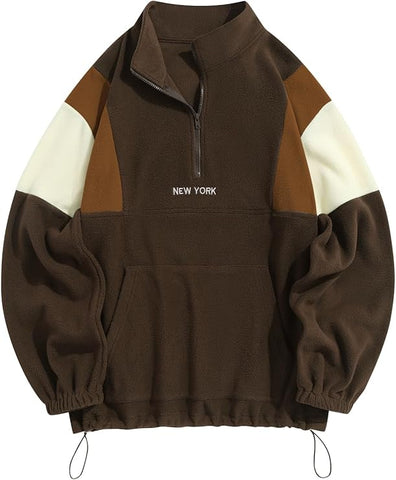 ZAFUL Men's Fluffy Polar Fleece Sweatshirt NEW YORK Embroidery Colorblock Half Zip Unisex Hoodie