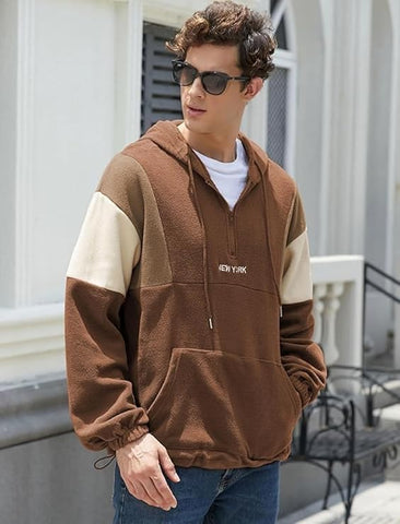 ZAFUL Men's Fluffy Polar Fleece Sweatshirt NEW YORK Embroidery Colorblock Half Zip Unisex Hoodie-AMAZON