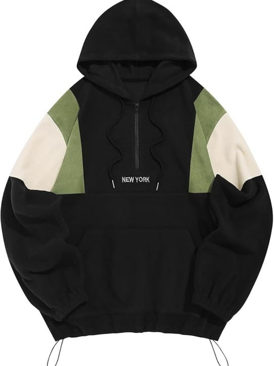 ZAFUL Men's Fluffy Polar Fleece Sweatshirt NEW YORK Embroidery Colorblock Half Zip Unisex Hoodie