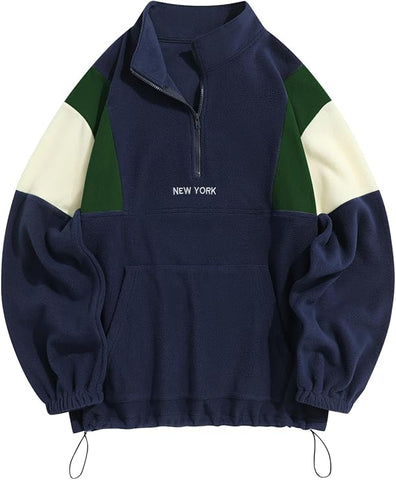 ZAFUL Men's Fluffy Polar Fleece Sweatshirt NEW YORK Embroidery Colorblock Half Zip Unisex Hoodie