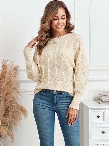 ZAFUL Women's Winter Round Neck Geometric Warm Knit Top Long Sleeve Sweater