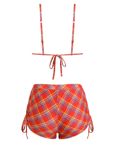 ZAFUL Women's Triangle Bikini Tie Back Plaid Shorts Swimsuit Bow Padded Two Piece Bathing Suit